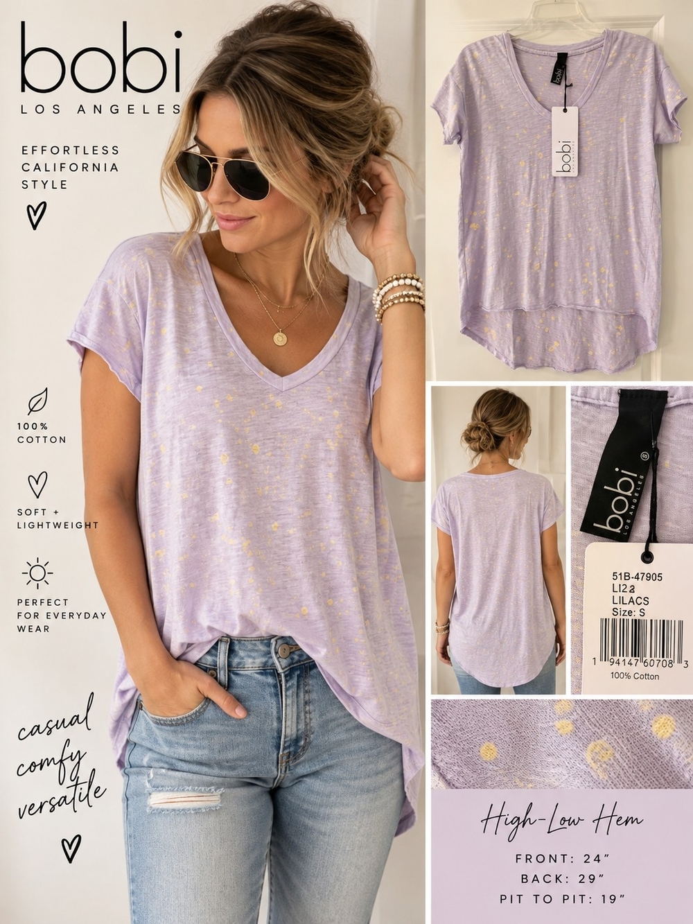 Bobi Los Angeles Lilacs Splatter High Low Tee Purple Yellow NWT Small